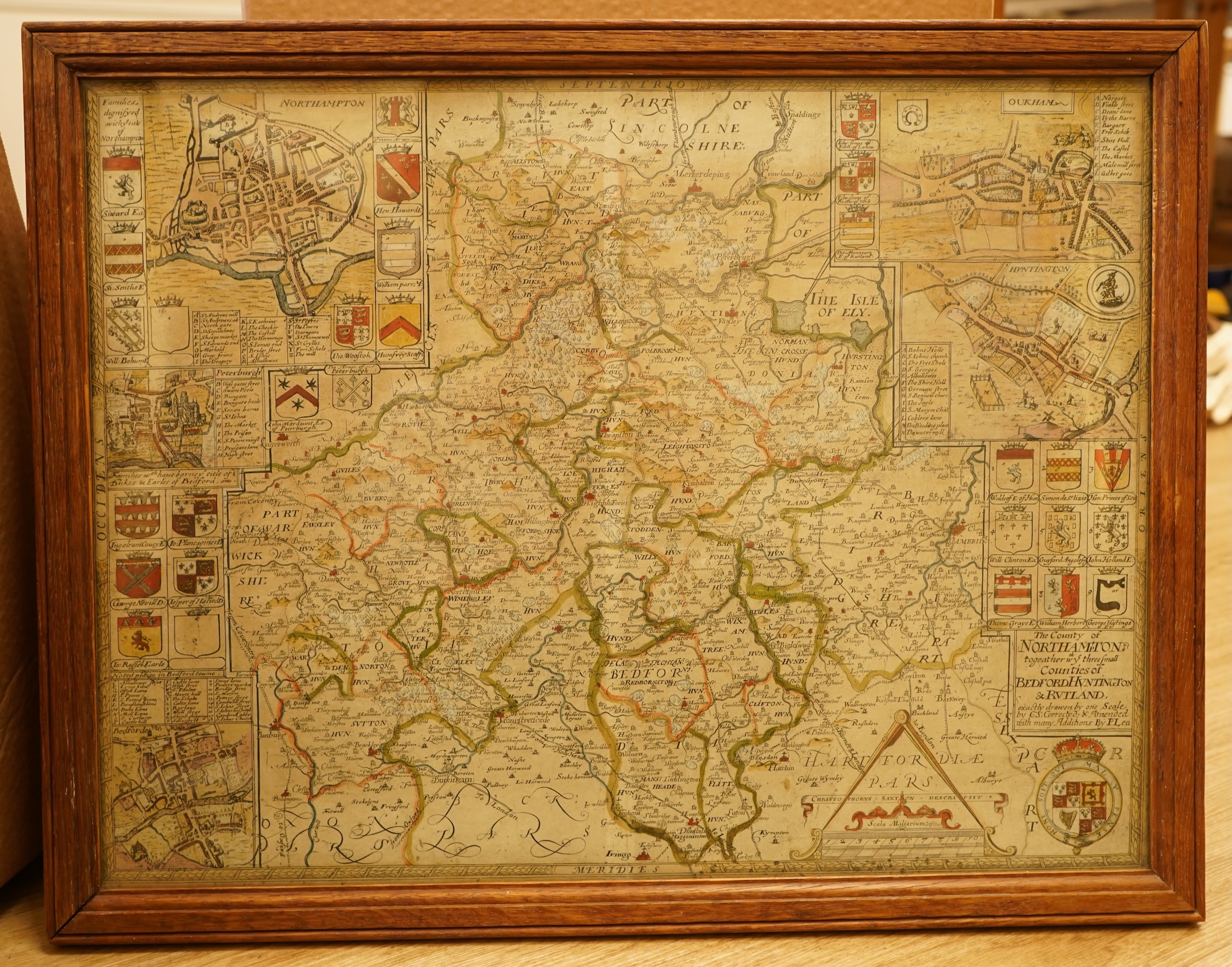 Four early maps comprising: two after Philip Lea, ‘The County of Northampton’ and ‘Monmouth’ together with two after John Speede, ‘Great Britain’ and ‘The County of Monmouth’, 40 x 49cm